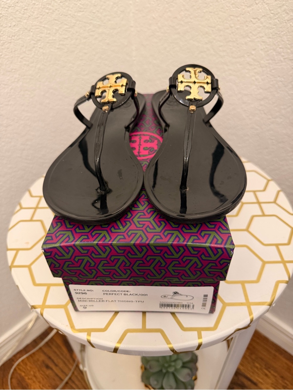 Tory Burch Black Patent Miller Thong Sandals with Gold Logo